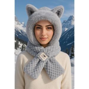 Gray Plush Hooded Scarf Hat With Animal Ears – Faux Fur Winter Wrap